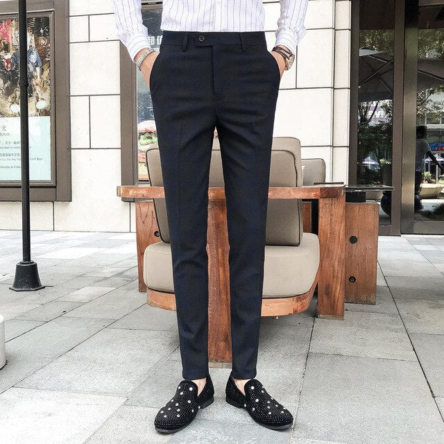Black Grey Slim Fit Neat Dress British Style Men Trouser