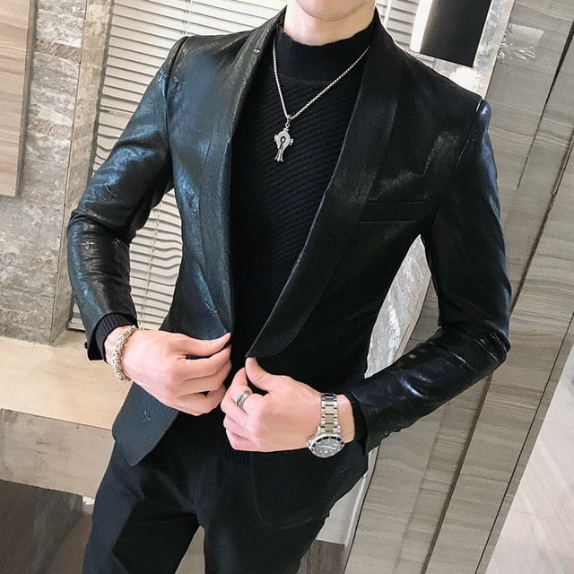 Single Button Solid Black Slim Fit Style Men Blazer