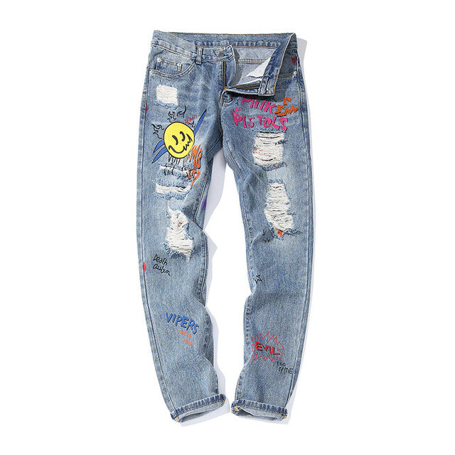 Hip Hop Graffiti Printed Ripped Hole Style Men Jeans