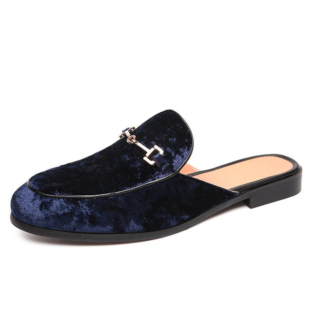 Metal Accent Velvet Men Classic Open Loafers