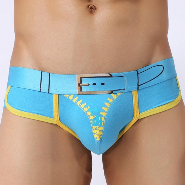 Belt and Open Front-Zipper Print Style Man Briefs