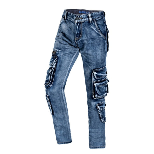 Retro Cargo Multi Pockets Washed Straight Fit Men Jeans