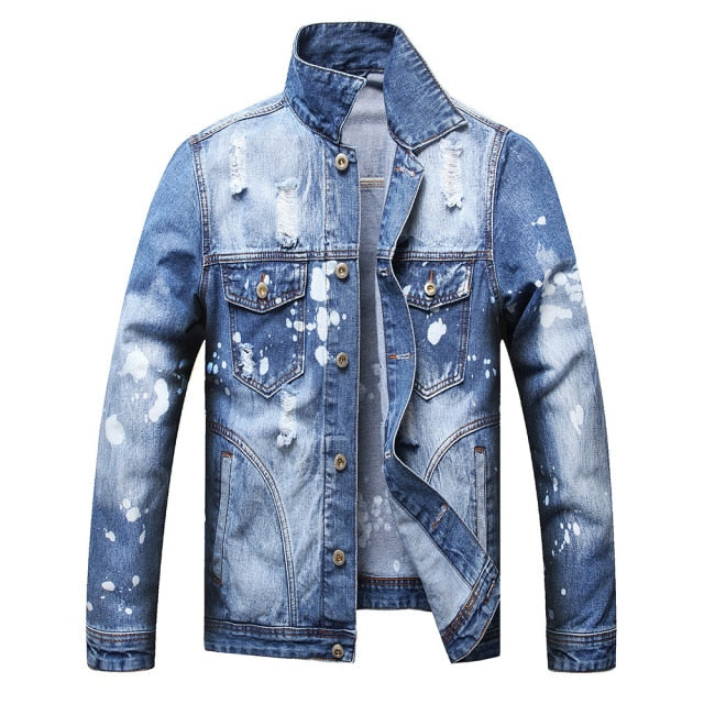 White Paint Stains Decorated Ripped Denim Jacket