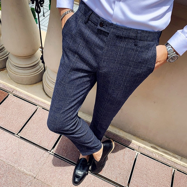 Classic Plaid Buttoned Waist Men Formal Trousers