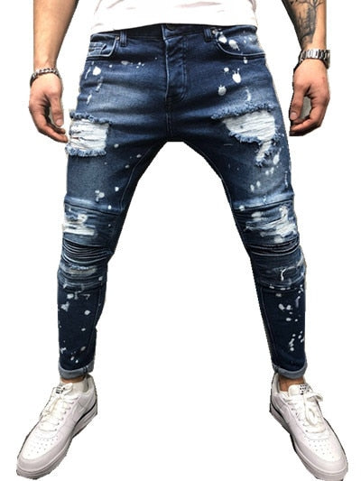 Jeans pour hommes de style denim plissé aux genoux déchirés et déchirés peints