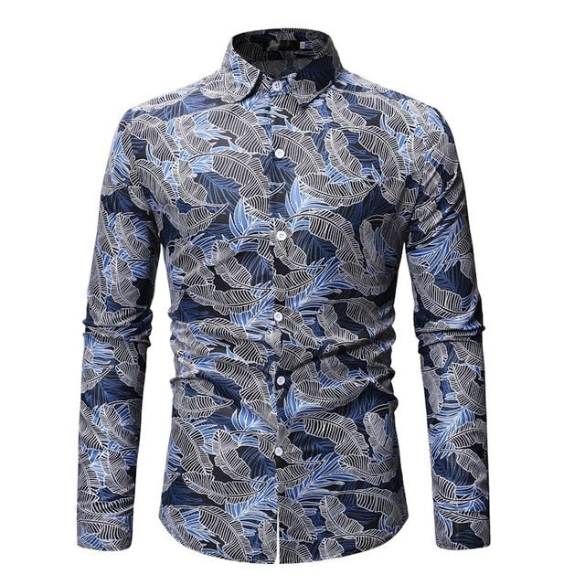 Casual Long Sleeve Hawaiian Leaf Print Men Shirt - FanFreakz