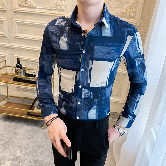 Blue Lattice Brushed Printed Long Sleeve Slim Style Men Shirts
