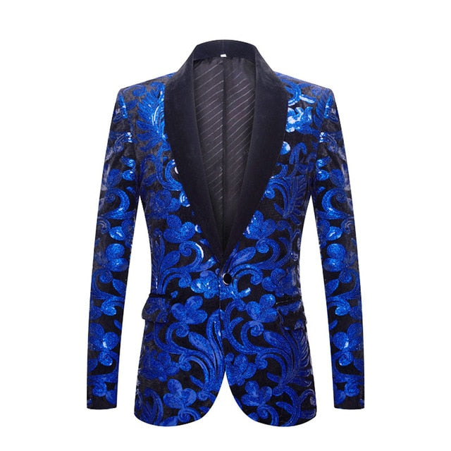 Shawl Lapel Velvet Gold Flowers Sequins Stage Singer Clothes Men Blazer