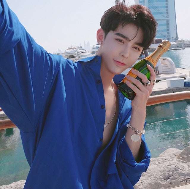 Chemises pour hommes de style lâche à manches longues bleues classiques coréennes