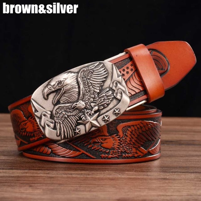 Rectangular Eagle Design Leather Belt