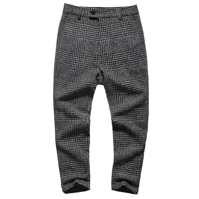 Casual Grey Plaid Woolen Stretch Men Trousers