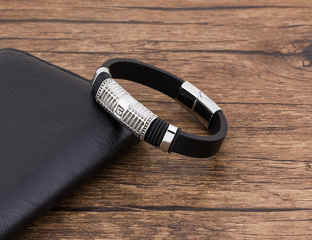 Simple Geometric Stainless Steel Black Leather Men Bracelet