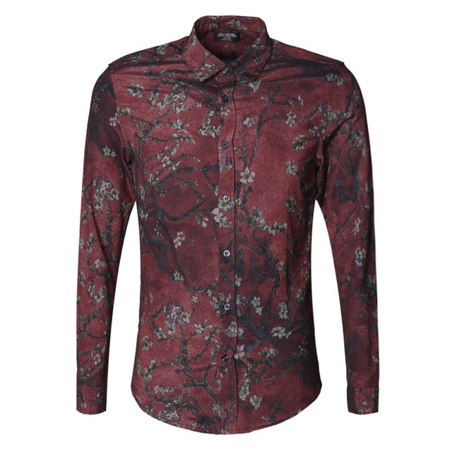 Camisa de manga larga para hombre Vintage Slim con estampado de flores
