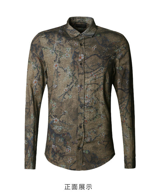 Camisa de manga larga para hombre Vintage Slim con estampado de flores
