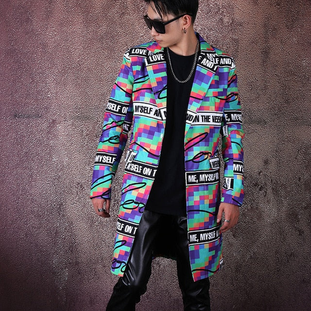 Colorful Personality Printing Hip Hop Long Casual Style Men Blazer