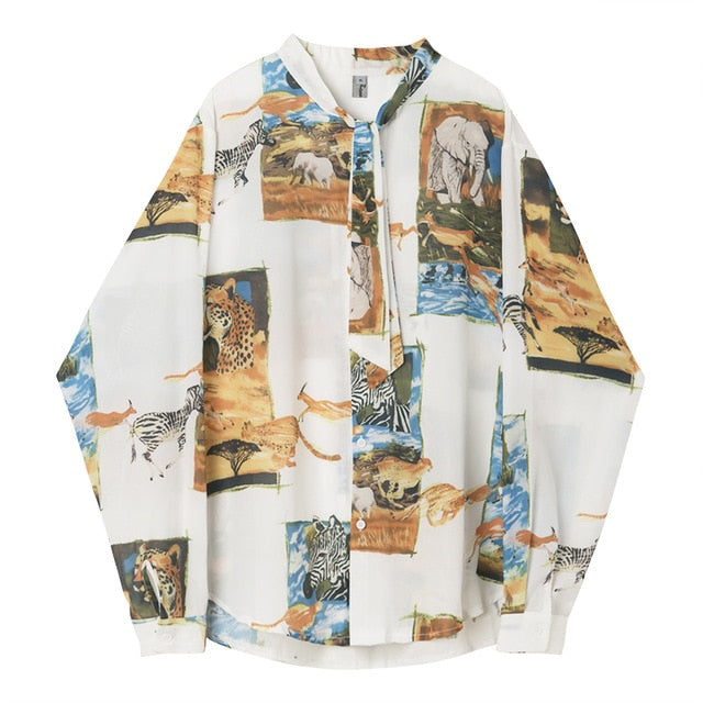 Chemise à manches longues vintage à motif animal et nœud papillon pour homme
