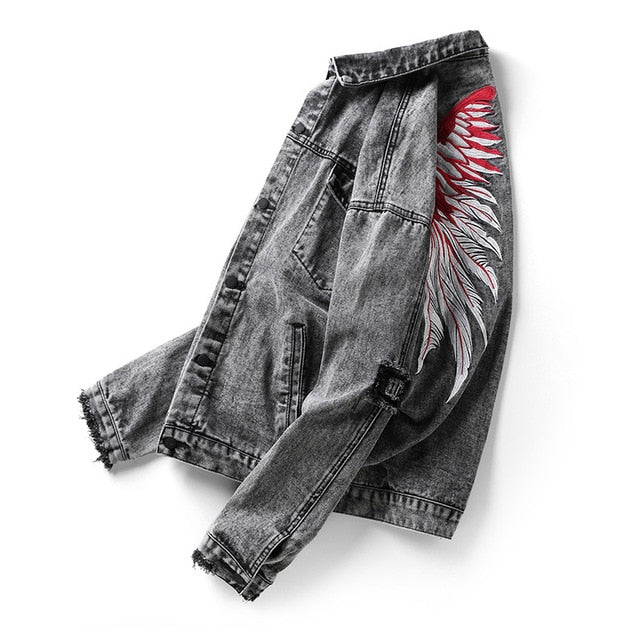Distressed Casual Wings Embroidery Back Details Men Jacket