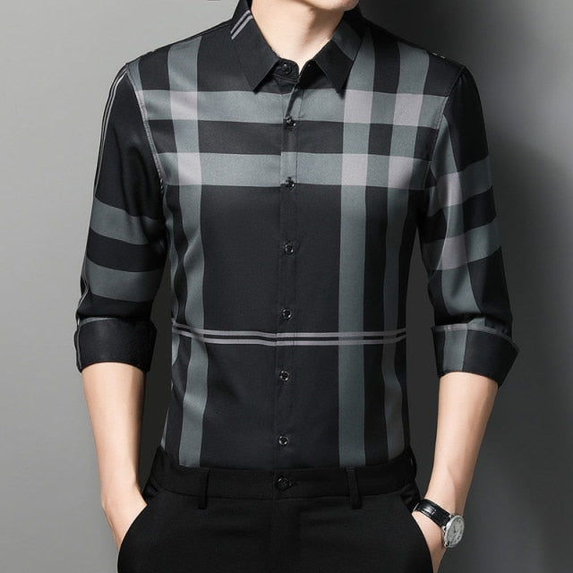 Black Based Monocolor Striped Pattern Long Sleeve Shirt