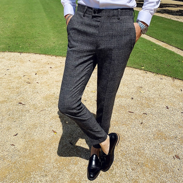 Classic Plaid Buttoned Waist Men Formal Trousers