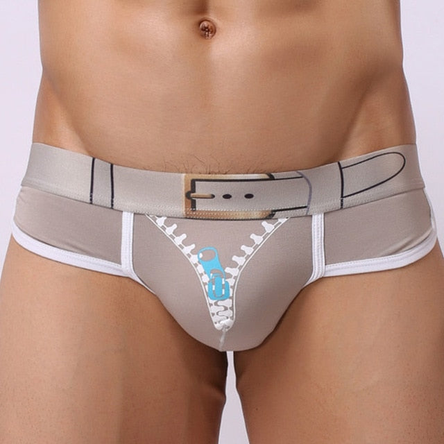 Belt and Open Front-Zipper Print Style Man Briefs