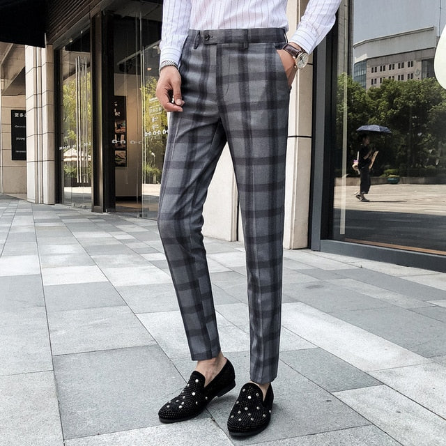 Black Grey Slim Fit Neat Dress British Style Men Trouser