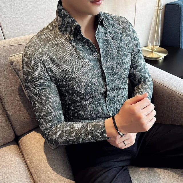 Leaves Geometric Slim Fit Long Sleeve Shirt