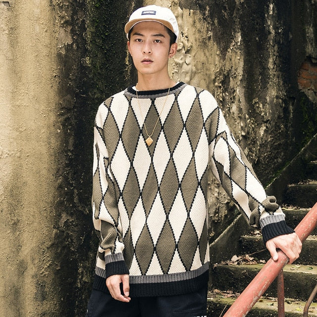 Warm Geometric Vintage Loose Knitted Pullovers Style Men Sweater