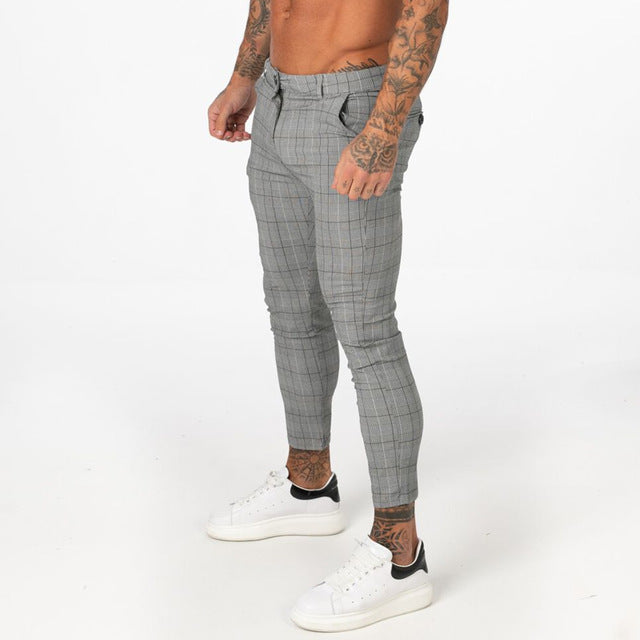 Cotton Stretch Skinny Fit Plaid Comfy Casual Style Men Pants