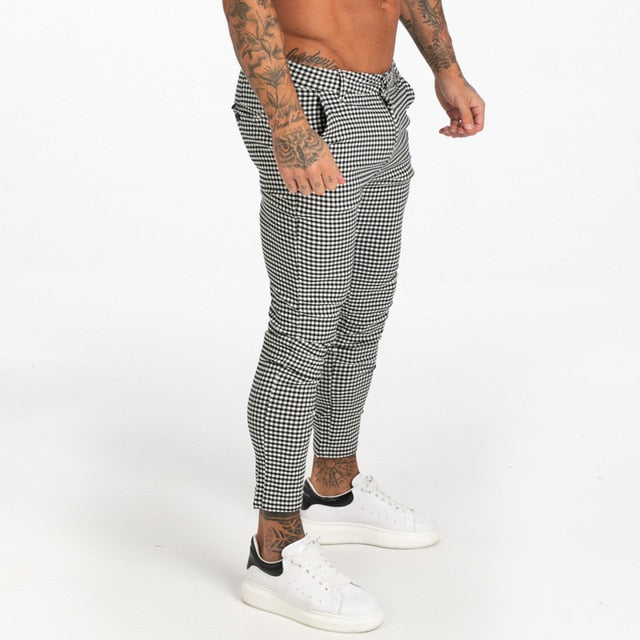 Cotton Stretch Skinny Fit Plaid Comfy Casual Style Men Pants
