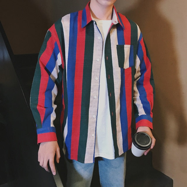 Nouvelle mode Stripe Loose Casual manches longues style hommes chemises