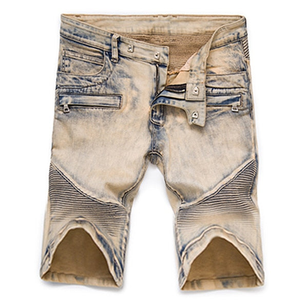 Biker Denim Painted Pleated Denim Style Men Shorts