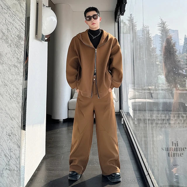 Solid Zipper Hooded Jacket Pants Set