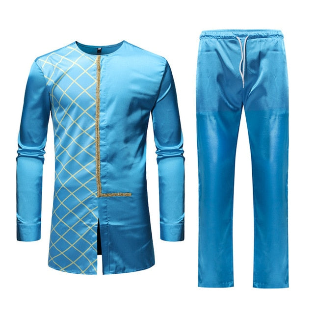 Ensemble de chemise et de pantalon pour hommes de style africain Dashiki bleu brillant