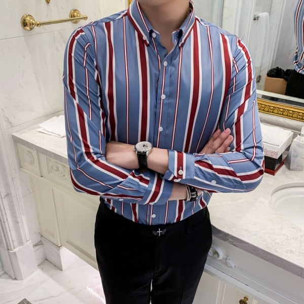 Long Striped Business Casual Style Men Long Sleeves Shirts