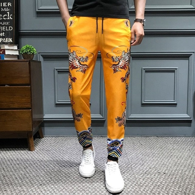 Casual Set Yellow Chinese Style with Dragon Printing Men T Shirt and Pants Set - FanFreakz
