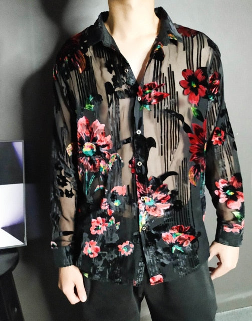 Black Silk Flower Long Sleeve Transparent Shirt