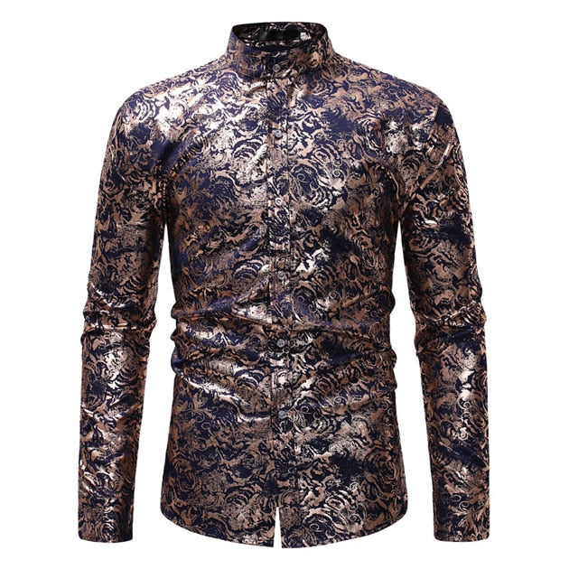 Chemise à manches longues dorée à fleurs bronzantes pour hommes