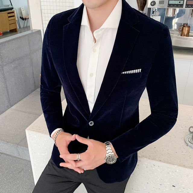 Single Button Solid Color Men Velvet Blazer