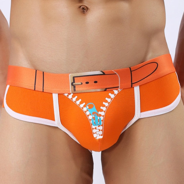 Belt and Open Front-Zipper Print Style Man Briefs