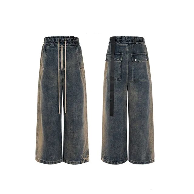 Multi Pockets Ribbons Wide Baggy Jeans