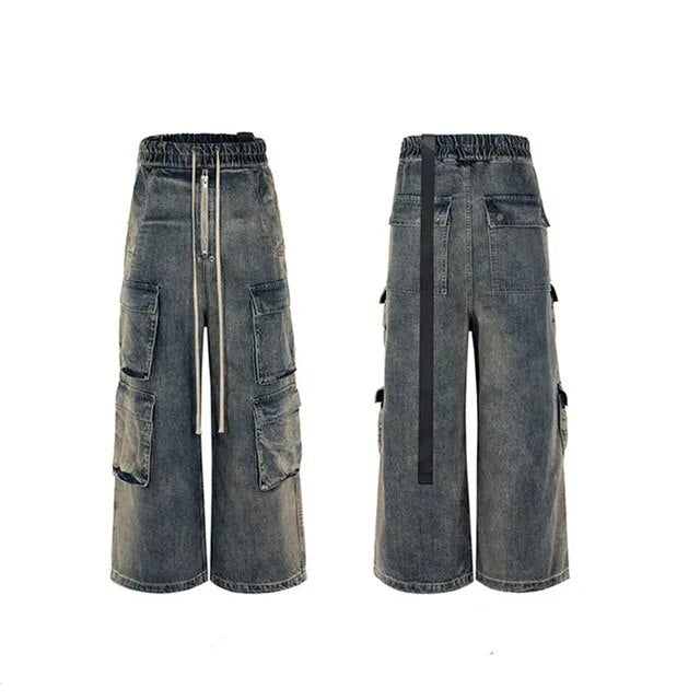 Multi Pockets Ribbons Wide Baggy Jeans