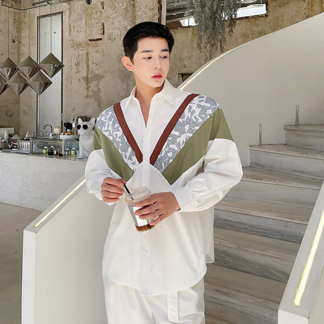 Multicolor Solid and Blue Geometric Printed Shirt