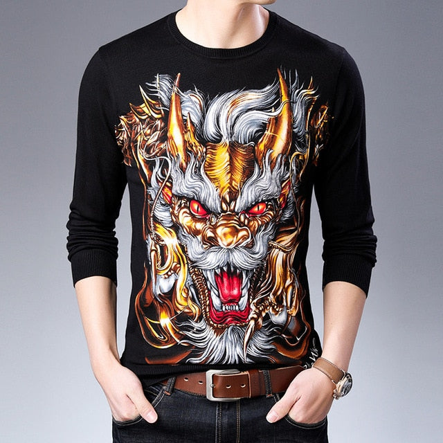 Fierce Horned Animal Print Casual O Neck Style Hombres Suéter
