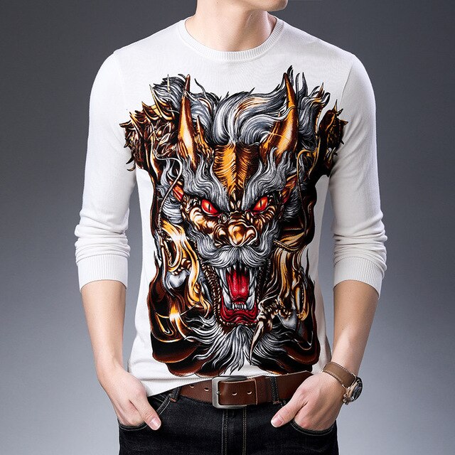 Fierce Horned Animal Print Casual O Neck Style Hombres Suéter