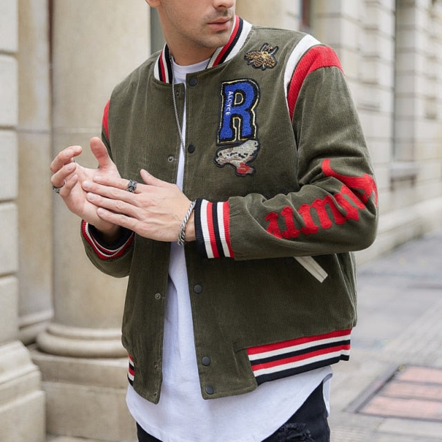 Emblem Embroidery Corduroy Bomber Jacket