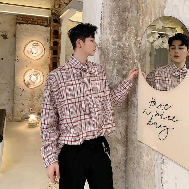 Checkered Gingham Loose Long Sleeve Bow Tie Collar Style Men Shirts