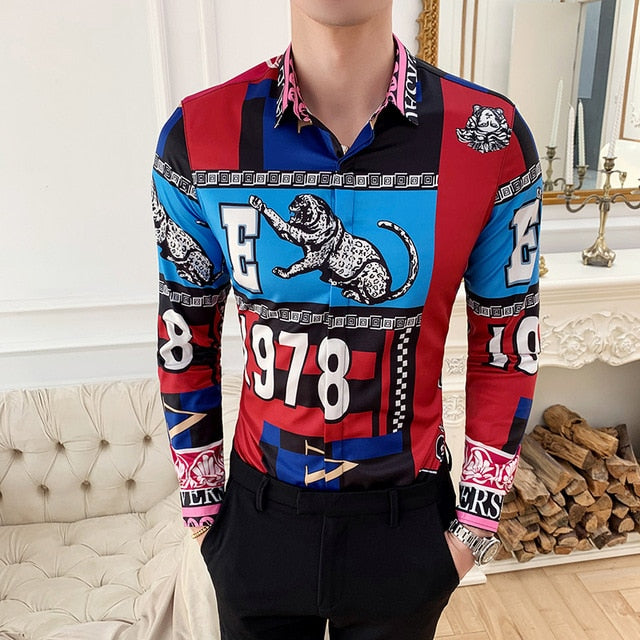 Tigre et Monogramme Imprimé Manches Longues Style Hommes Chemise Slim Fit