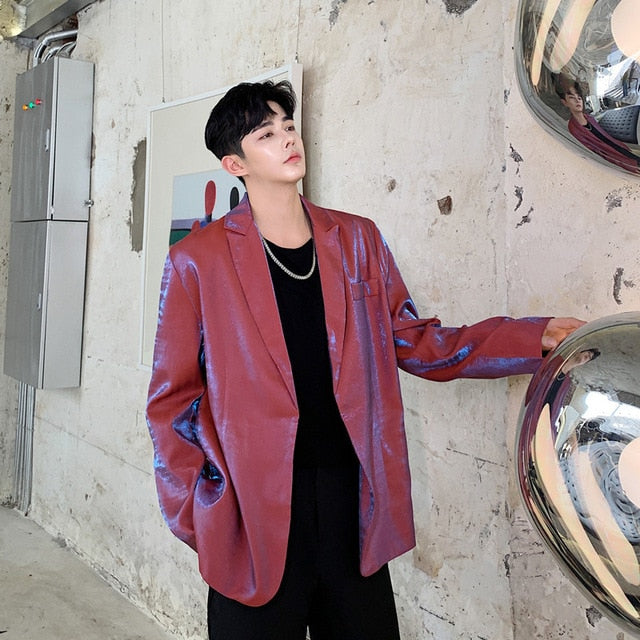 Shining Loose Red Streetwear Hip Hop Party Stage Style Men Blazer