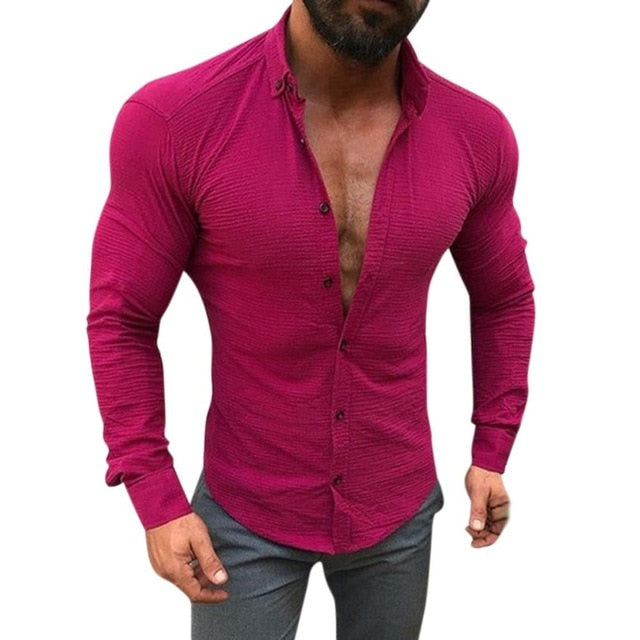Solid Color Long Sleeve Slim Fit Basic Style Men Shirts