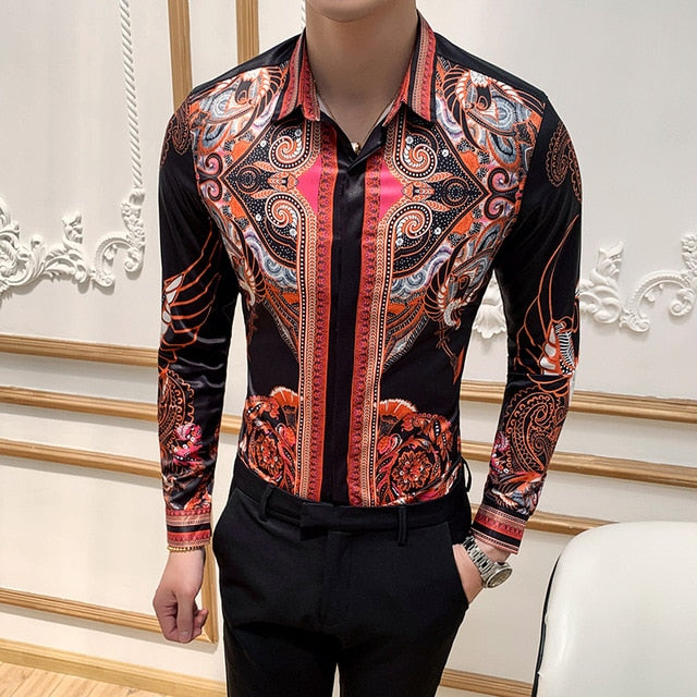 Vintage Twirl et imprimé géométrique manches longues Slim Fit Style hommes chemises